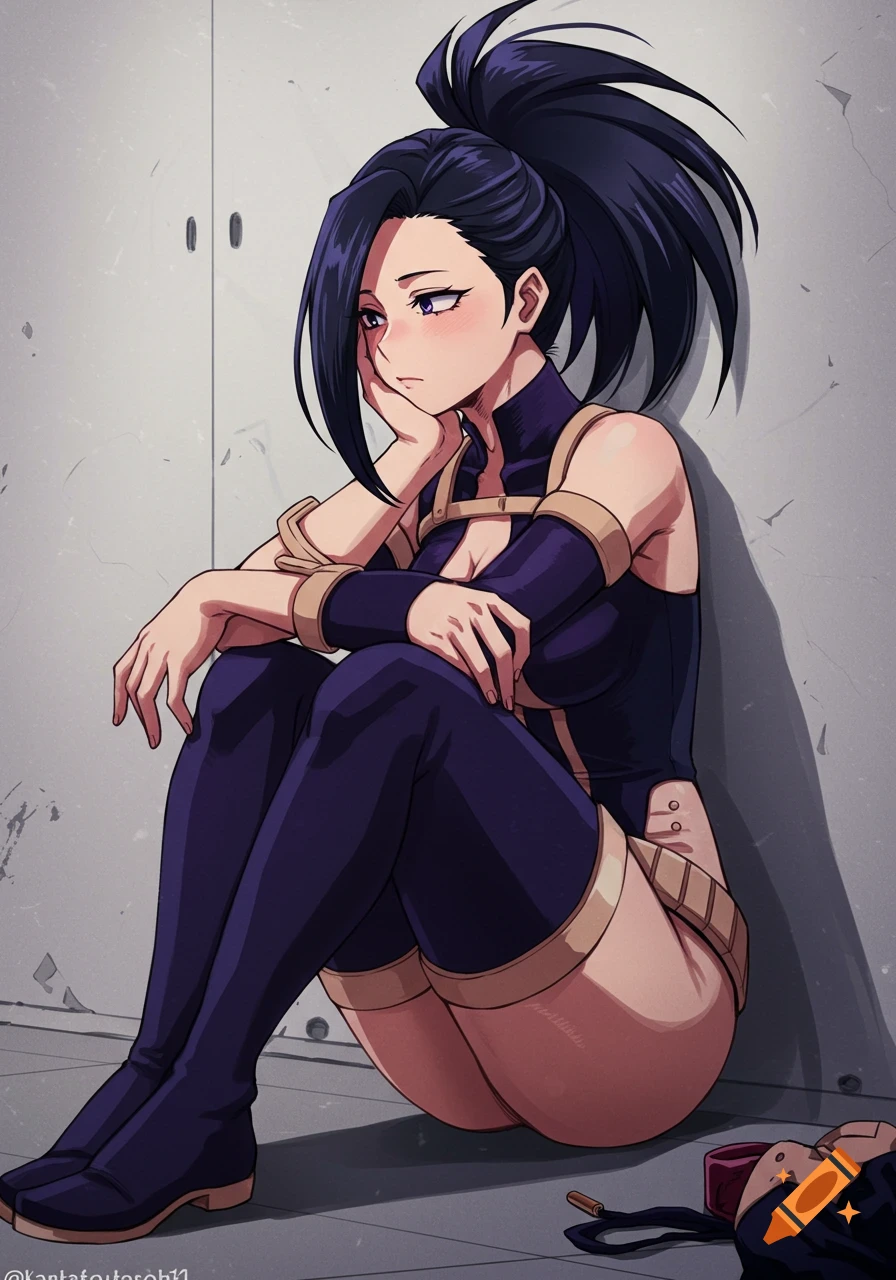 Momo Yaoyorozu from My Hero Academia sits on the floor with a thoughtful expression in anime style.
