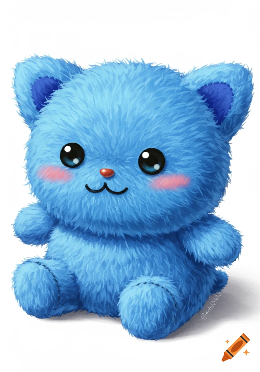 A cute, fluffy blue teddy bear illustration with big black eyes, rosy cheeks, and a small red nose, sitting on a white background.