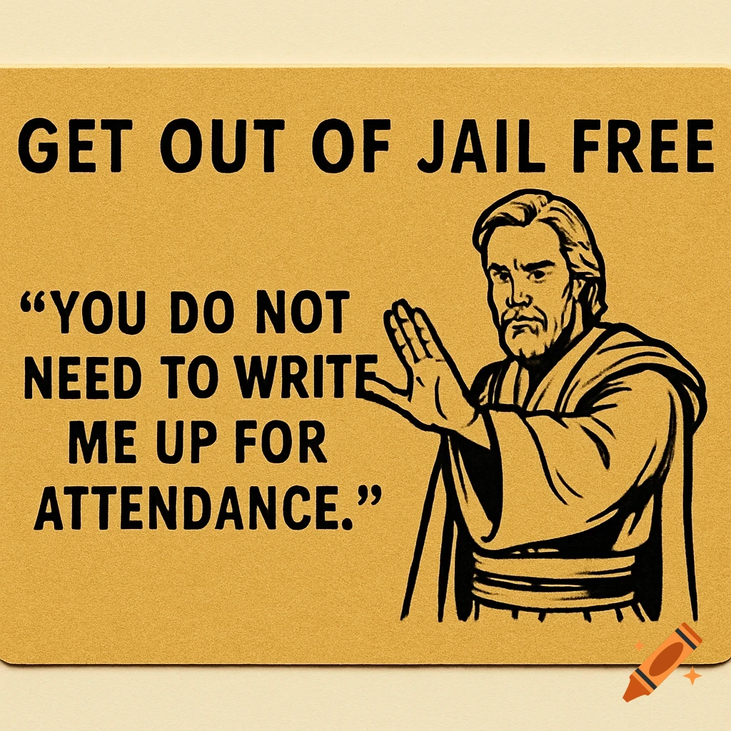 A parody 'Get Out of Jail Free' card with a cartoon Jedi doing a mind trick, saying 'YOU DO NOT NEED TO WRITE ME UP FOR ATTENDANCE.'
