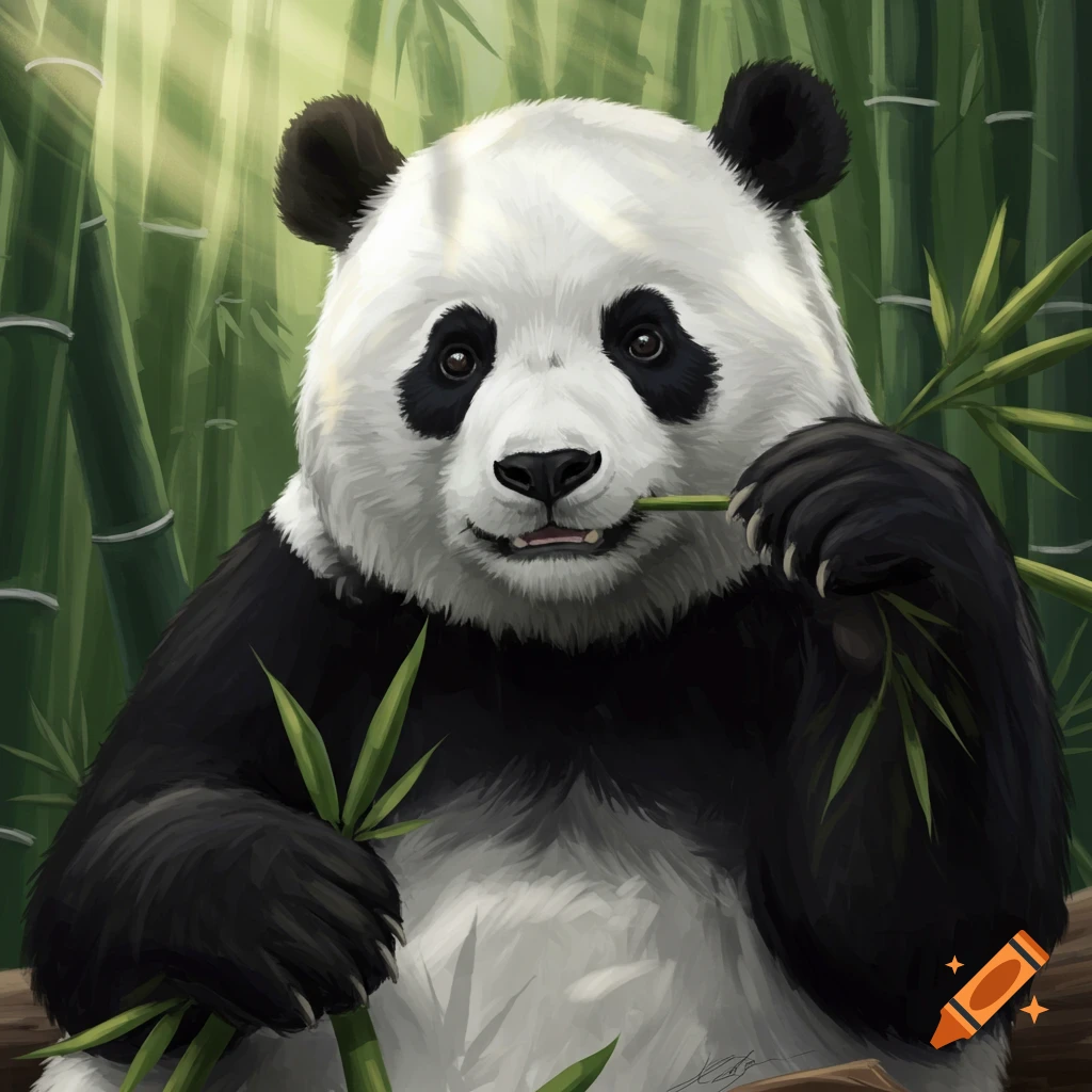 A close-up, illustrative portrait of a giant panda eating bamboo, with bright green bamboo stalks in the background.