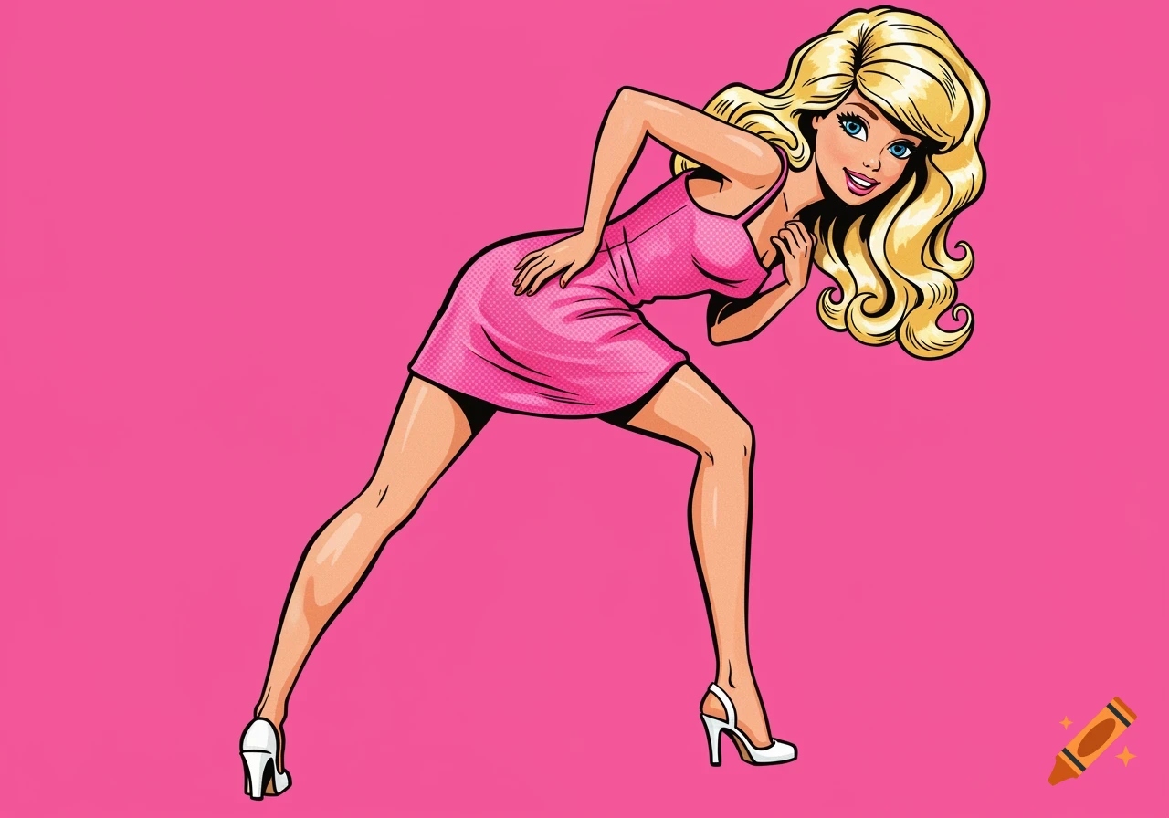 Pop art illustration of a Barbie doll in a pink dress with blonde hair, striking a pose on a pink background.