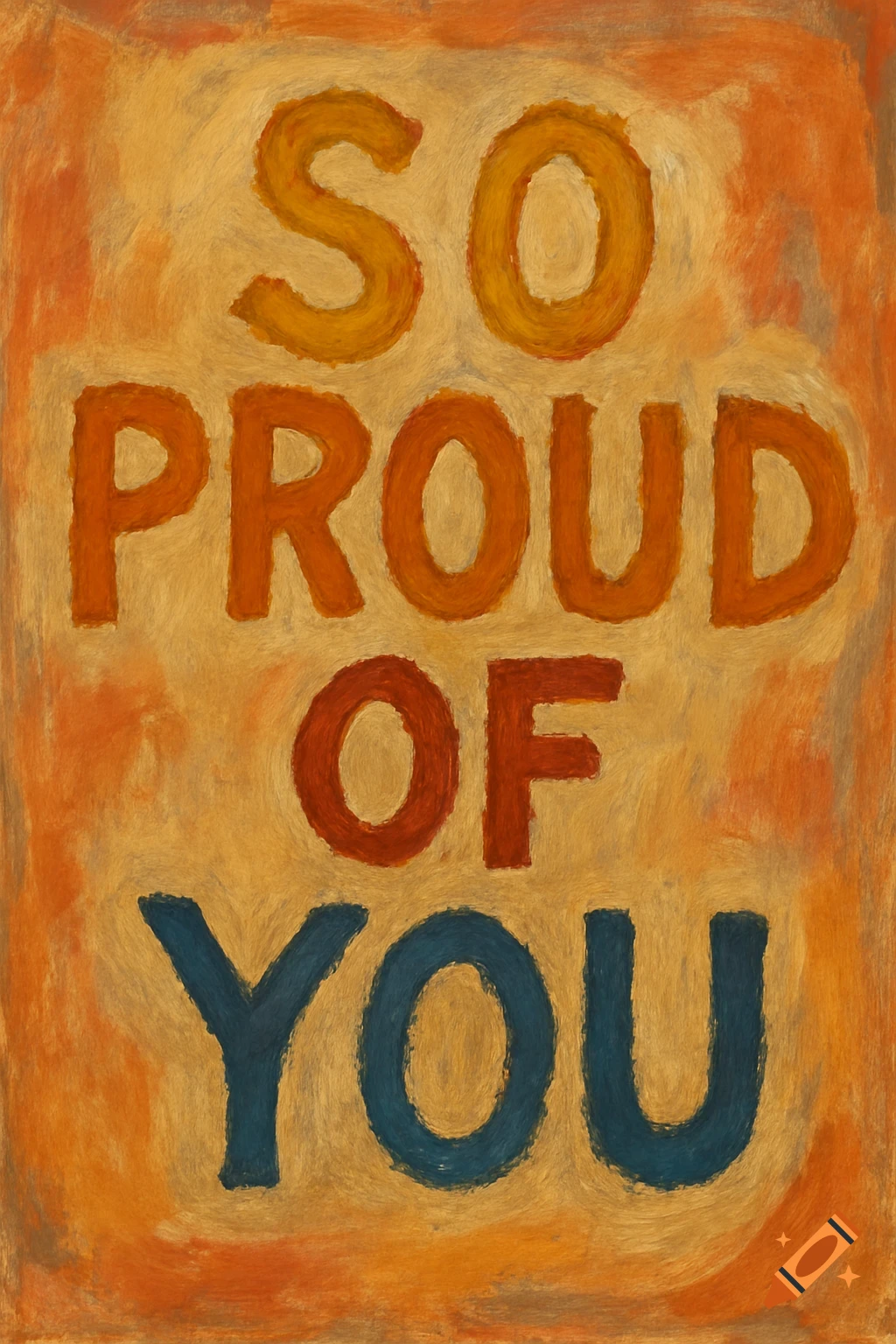 Text 'SO PROUD OF YOU' in a textured, warm-toned painterly style.
