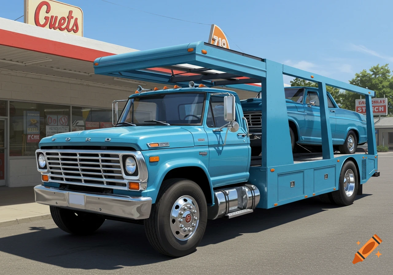 A light blue 1970 Ford LN 8000 car hauler truck transporting another light blue car, parked in front of a building under a clear sky.