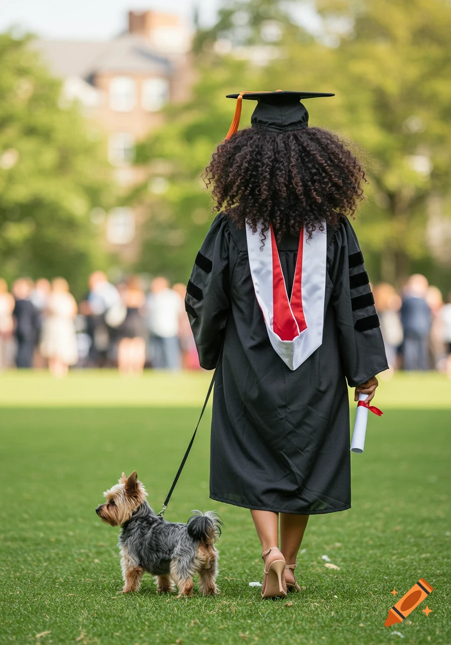 A woman in a graduation cap and gown walks away on a grassy field, holding a diploma and leading a small Yorkie on a leash.