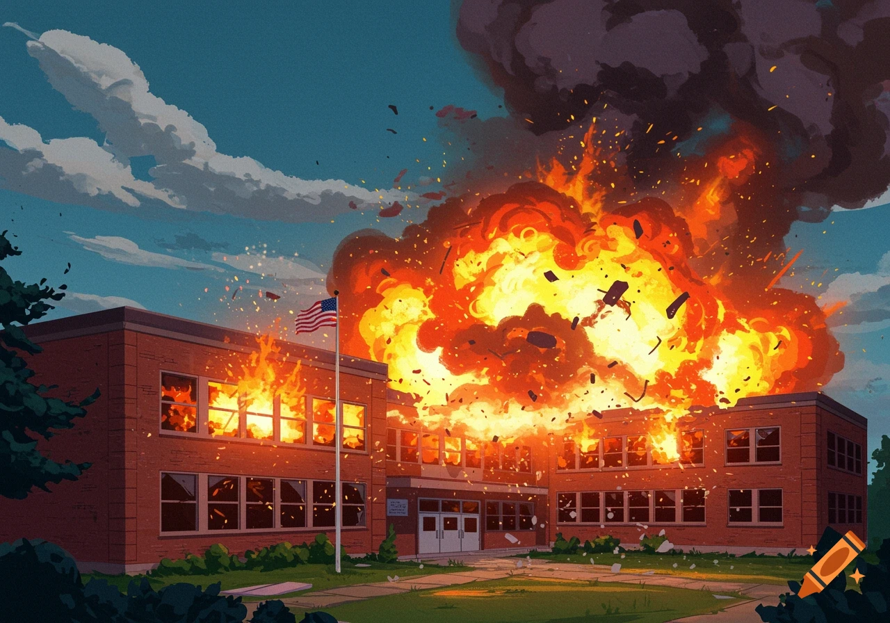 An illustration of a school building engulfed in a large, fiery explosion with smoke and debris.
