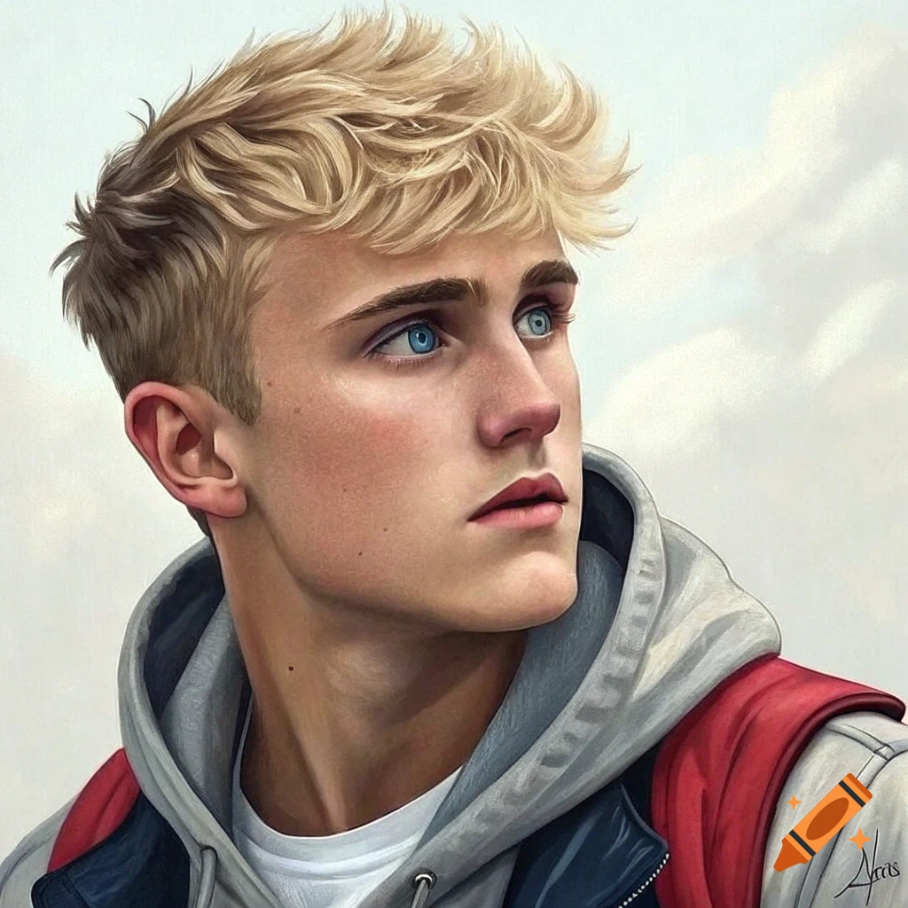 A photorealistic digital painting of a young man with blonde hair and blue eyes, wearing a grey hoodie and a red backpack, looking upwards.