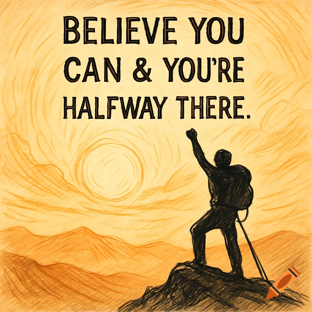 Motivational quote 'BELIEVE YOU CAN & YOU'RE HALFWAY THERE.' with a silhouette of a person raising an arm on a mountain peak at sunrise, in a sketch style.