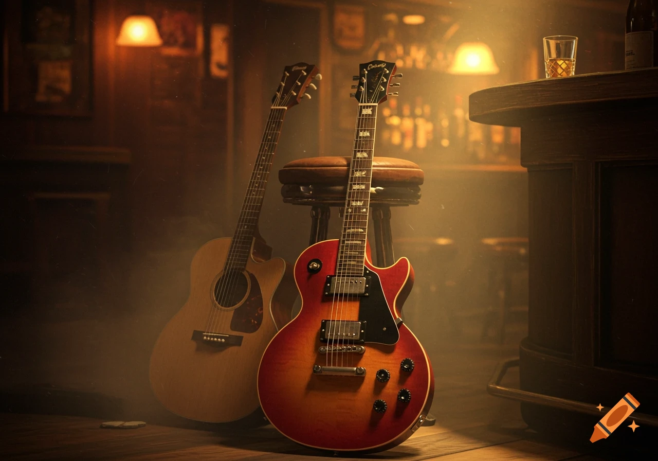 Two guitars, an acoustic and an electric, stand in a dimly lit, smoky bar with warm lighting.