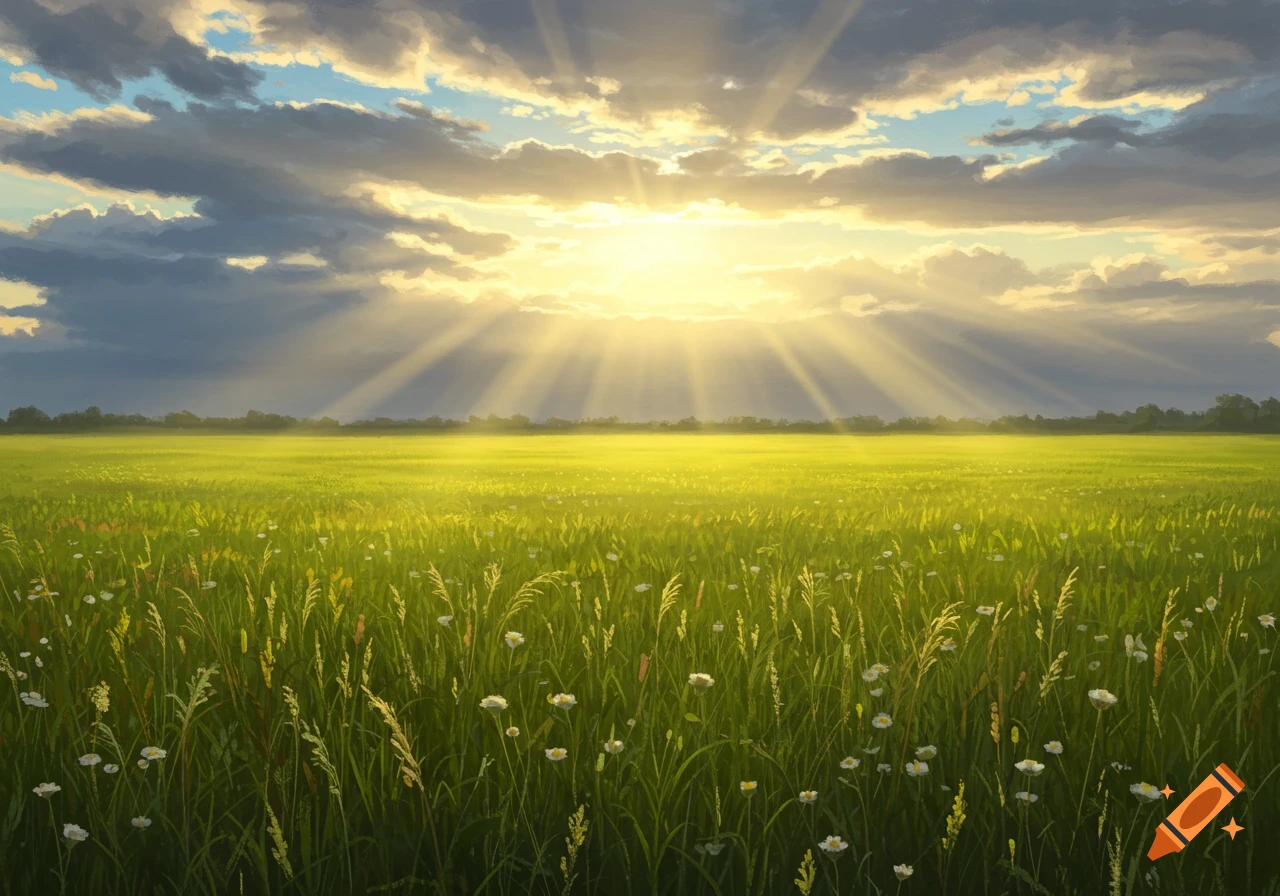 A serene green field filled with wildflowers under a partly cloudy sky with bright sunbeams.