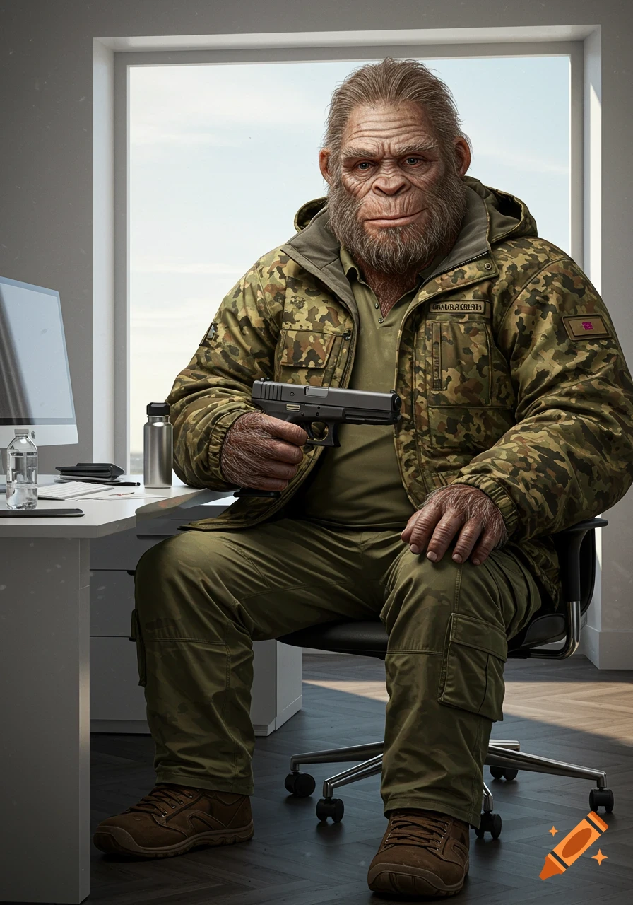 A photorealistic image of a Sasquatch wearing camouflage, sitting at an office desk and holding a handgun.