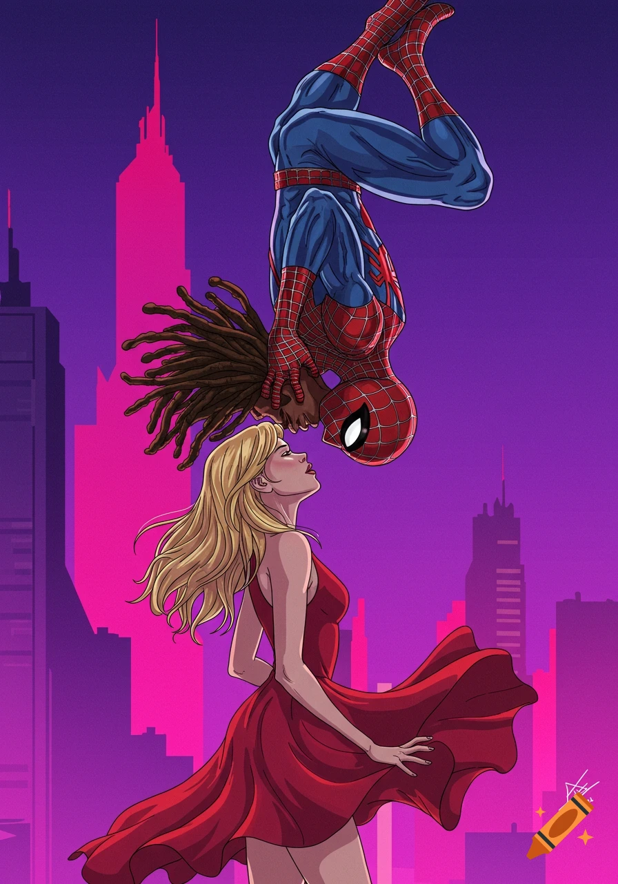 Stylized illustration of Spider-Man with dreads hanging upside down to kiss a blonde woman in a red dress against a pink and purple city skyline.