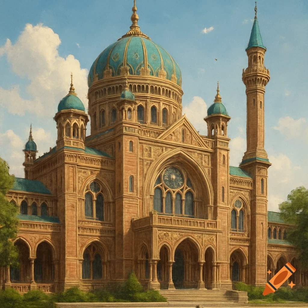 A grand, ornate building with teal domes and a tall minaret under a blue sky, in a painted style.