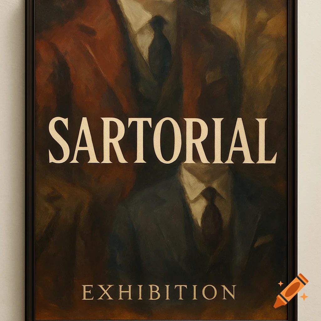 A framed oil painting-style poster featuring headless figures in suits with the words "SARTORIAL EXHIBITION".
