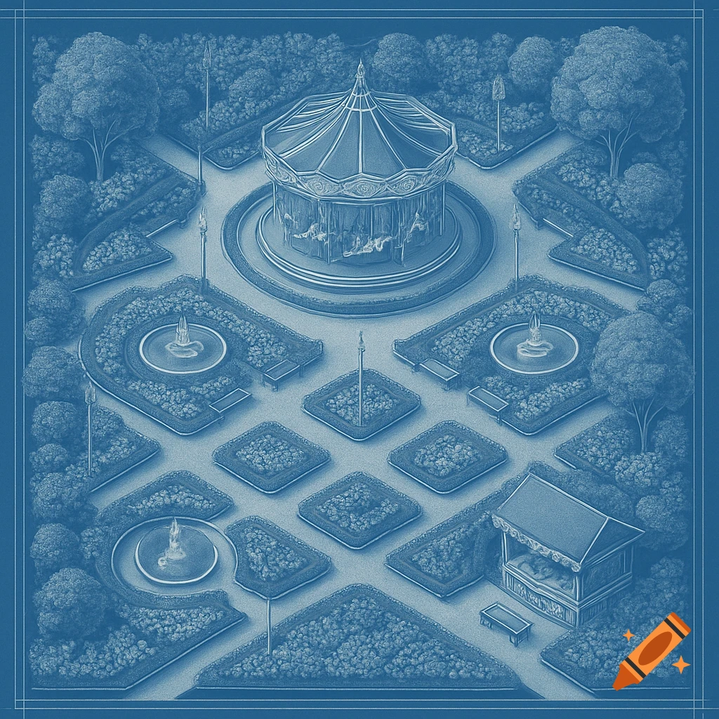 A blueprint-style isometric view of a symmetrical Victorian garden with a central carousel, fountains, and a refreshment hut.