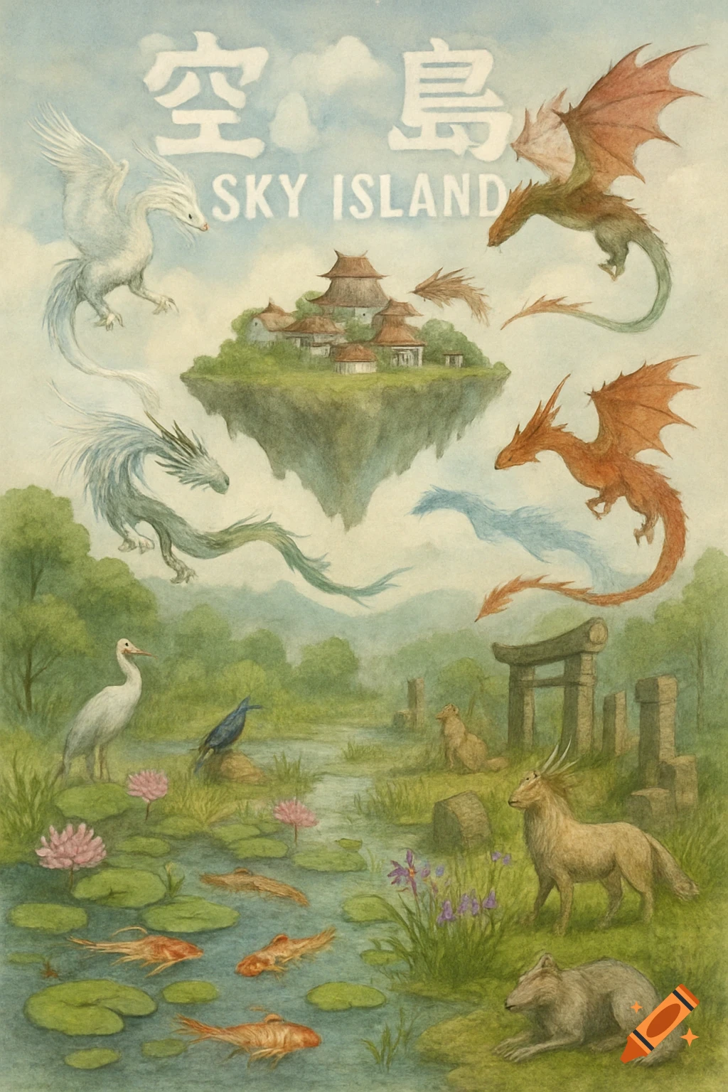 A watercolor painting of a floating island with Japanese buildings, four elemental dragons, and a vibrant wetland with koi fish, a heron, and ancient ruins. The title "SKY ISLAND" is visible at the top.