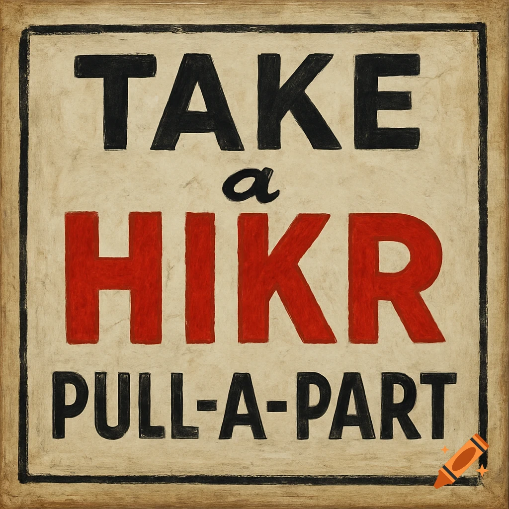 A painted vintage sign with black and red text reading "TAKE a HIKR PULL-A-PART".