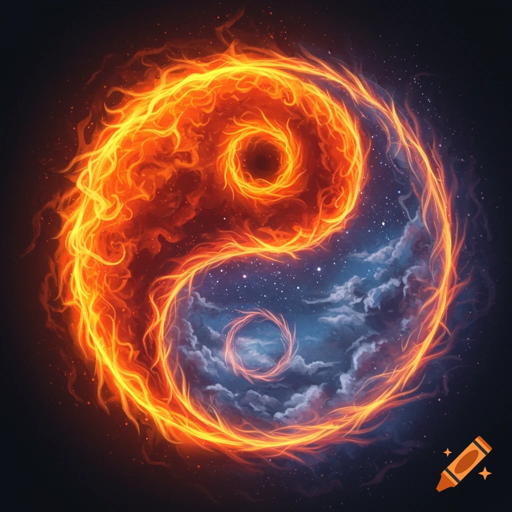 A vibrant yin-yang symbol with one side composed of swirling orange and red flames and the other a starry night sky with blue clouds.