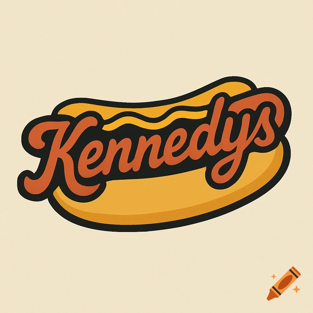 A retro, cartoon-style logo for 'Kennedys' featuring the word in cursive over a hot dog in a bun with mustard.