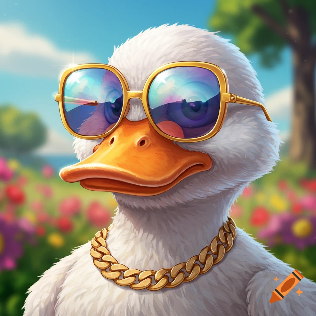 A white duck with gold sunglasses and a gold chain in a sunny field of flowers, illustrated.
