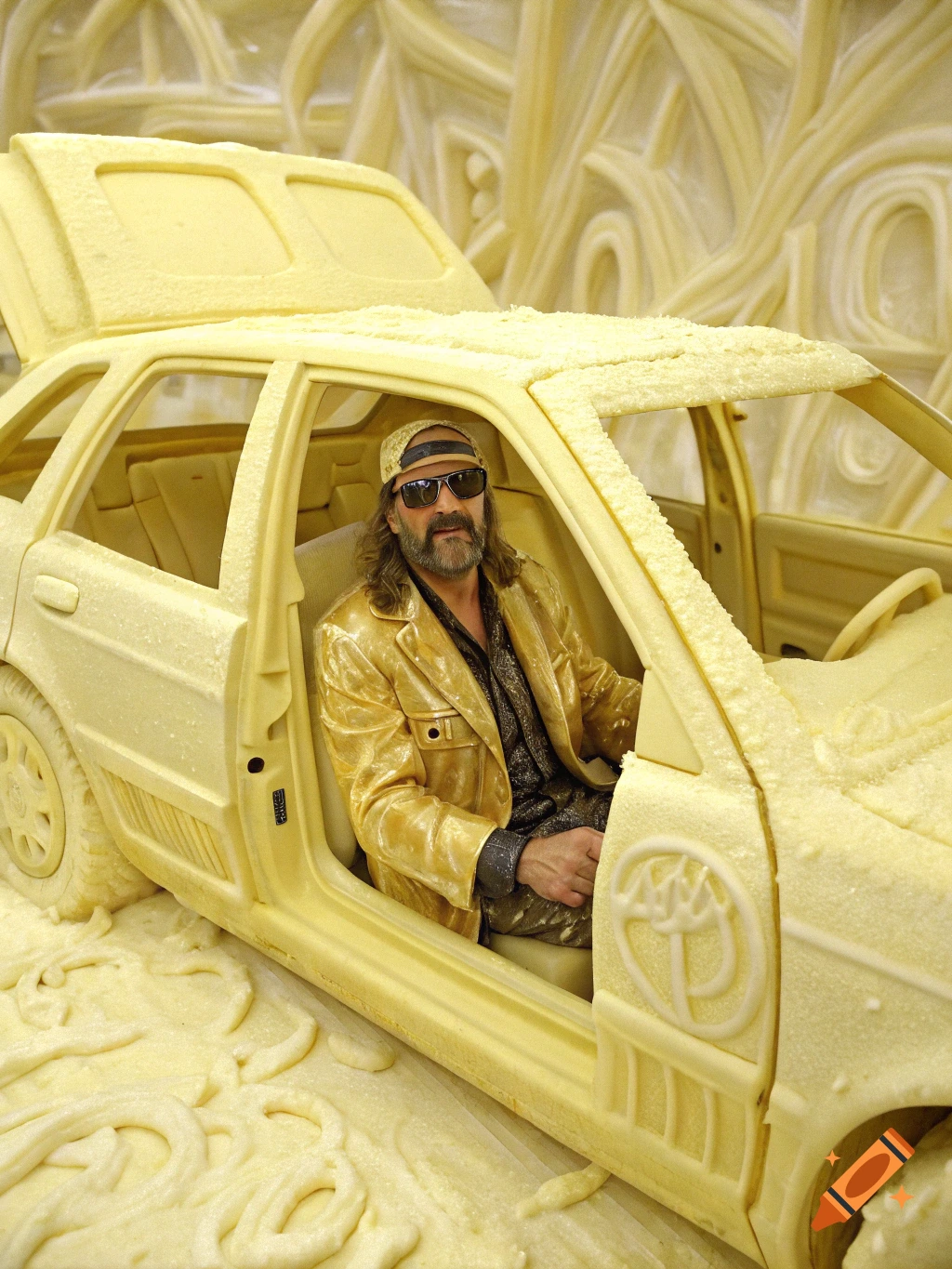 A man resembling Randy Savage wearing a gold jacket and sunglasses sits inside a car sculpted entirely from a yellow, textured substance like butter.