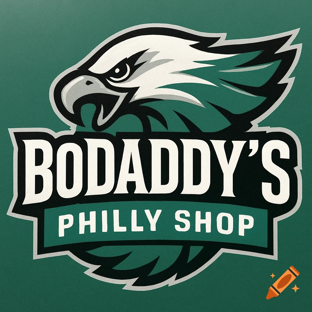 Logo for BoDaddy's Philly Shop featuring a white and gray eagle head above the text on a green background.