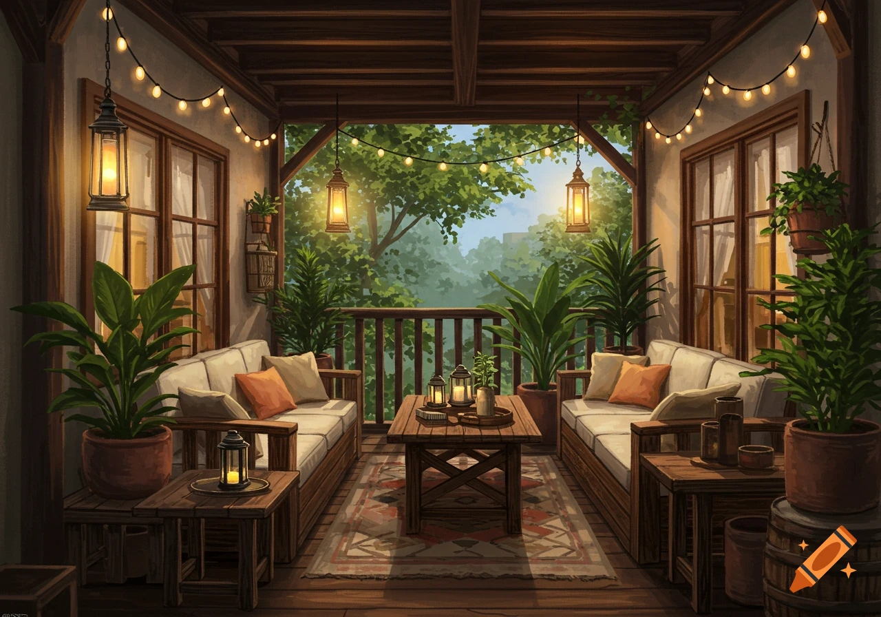 A cozy digital art illustration of a wooden balcony furnished with couches, potted plants, hanging lanterns, and string lights.