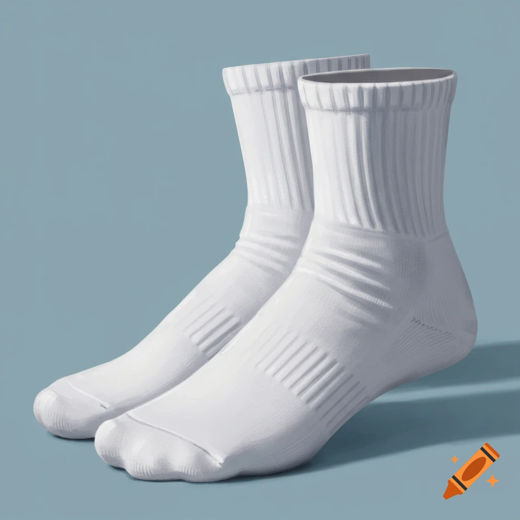 A clean pair of white crew socks stand upright on a light blue background.