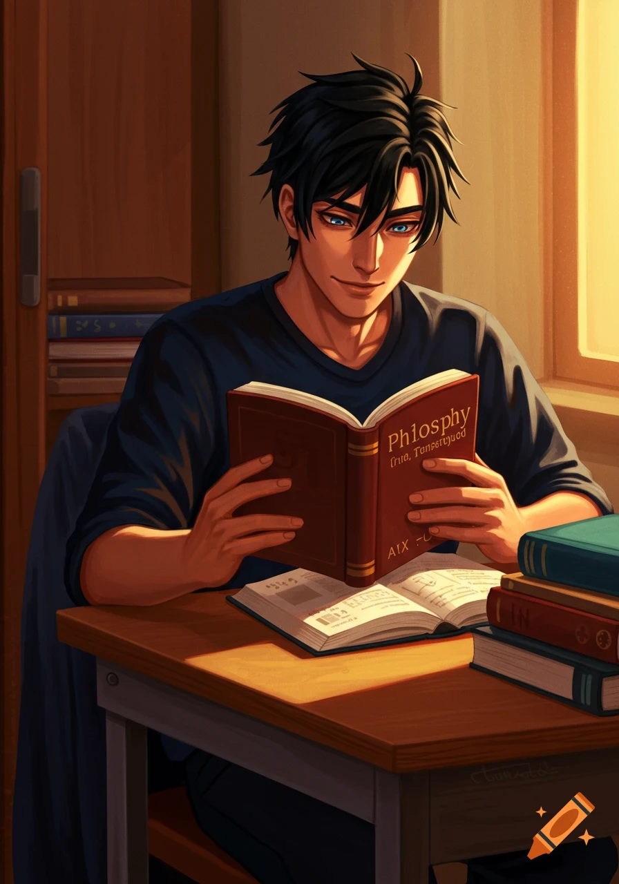 An anime-style male student with black hair and blue eyes studies a book at a sunlit desk.