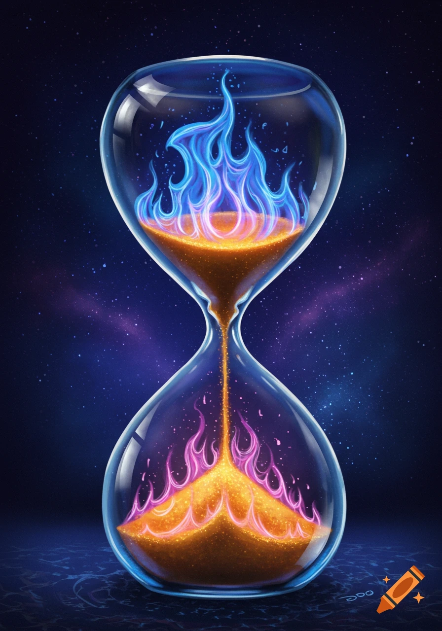 An hourglass with glowing blue flames in the top chamber and pink flames in the bottom, set against a cosmic background.