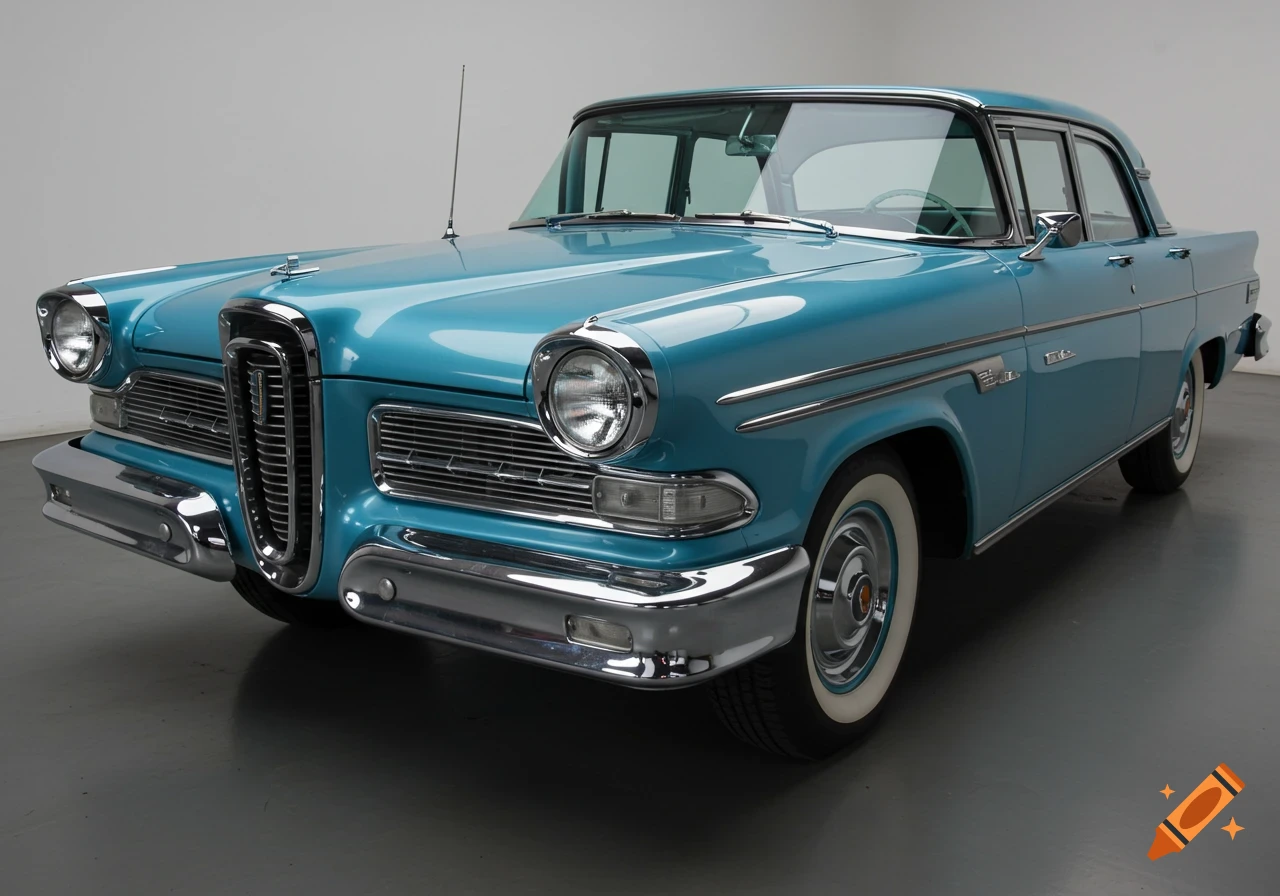 A front-facing view of a shiny turquoise vintage Edsel car with chrome accents, parked in a minimalist studio.