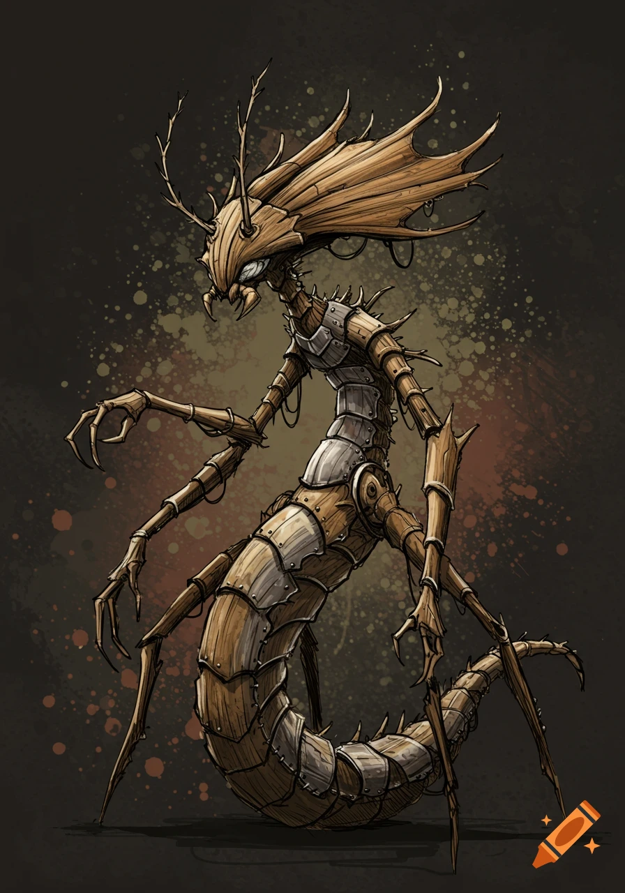 A stylized, thin, gangly insectoid creature made of wood and metal stands against a splotchy, dark background in a fantasy sketch style.