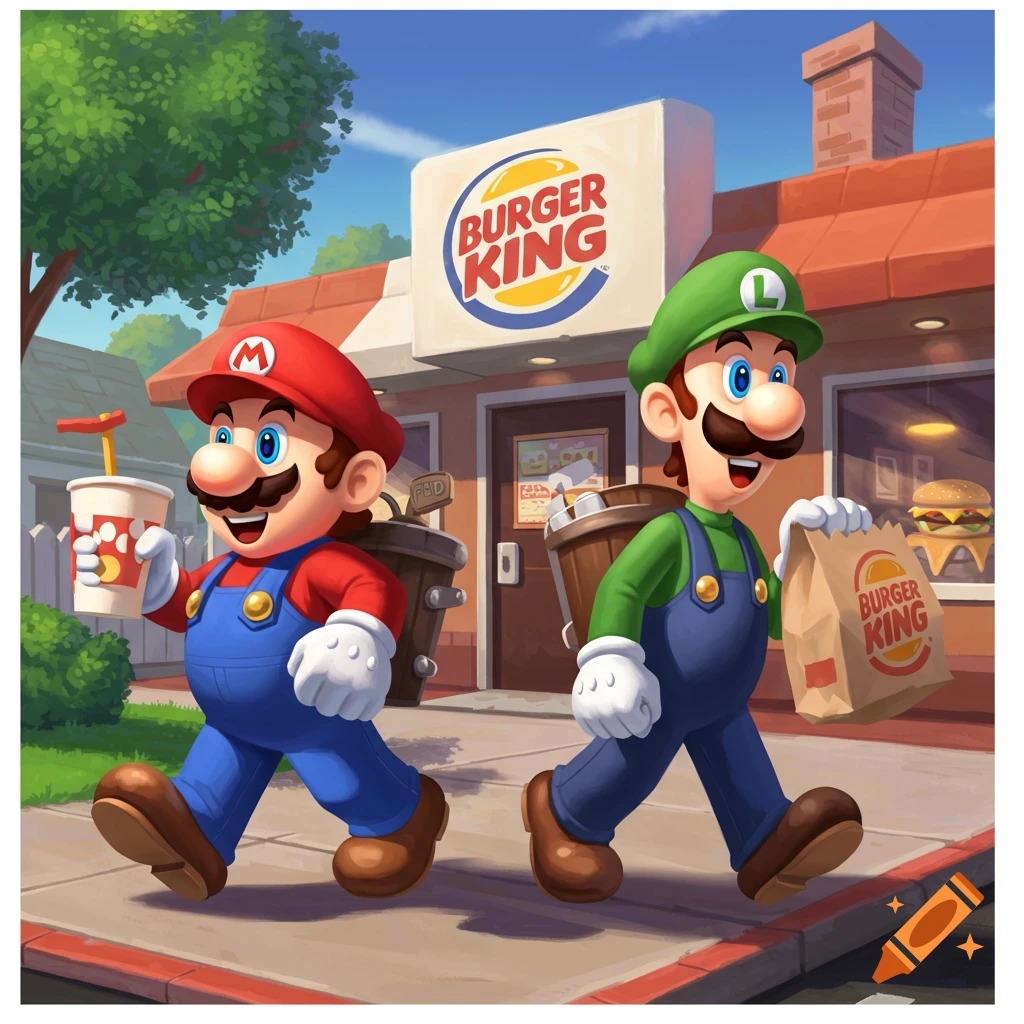 Mario and Luigi walk out of a Burger King, Mario holding a drink and Luigi a bag, in a vibrant cartoon style.