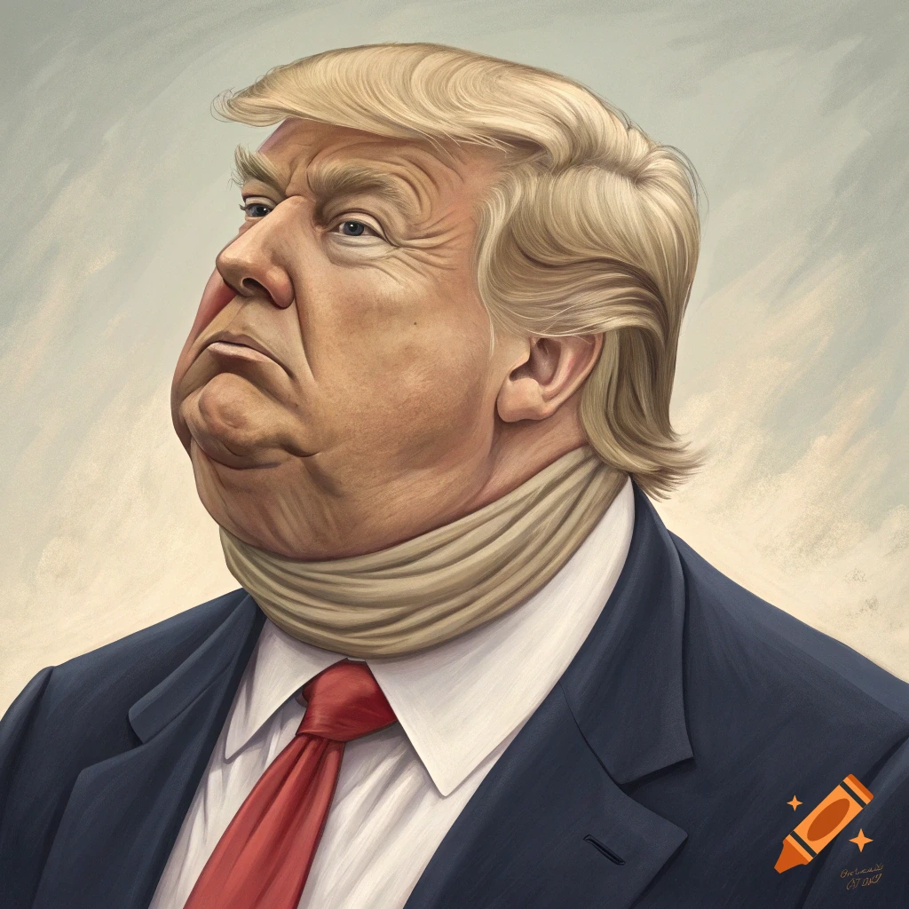 A satirical caricature portrait of Donald Trump with an exaggerated saggy neck, wearing a dark suit and red tie, looking upwards and to the left.