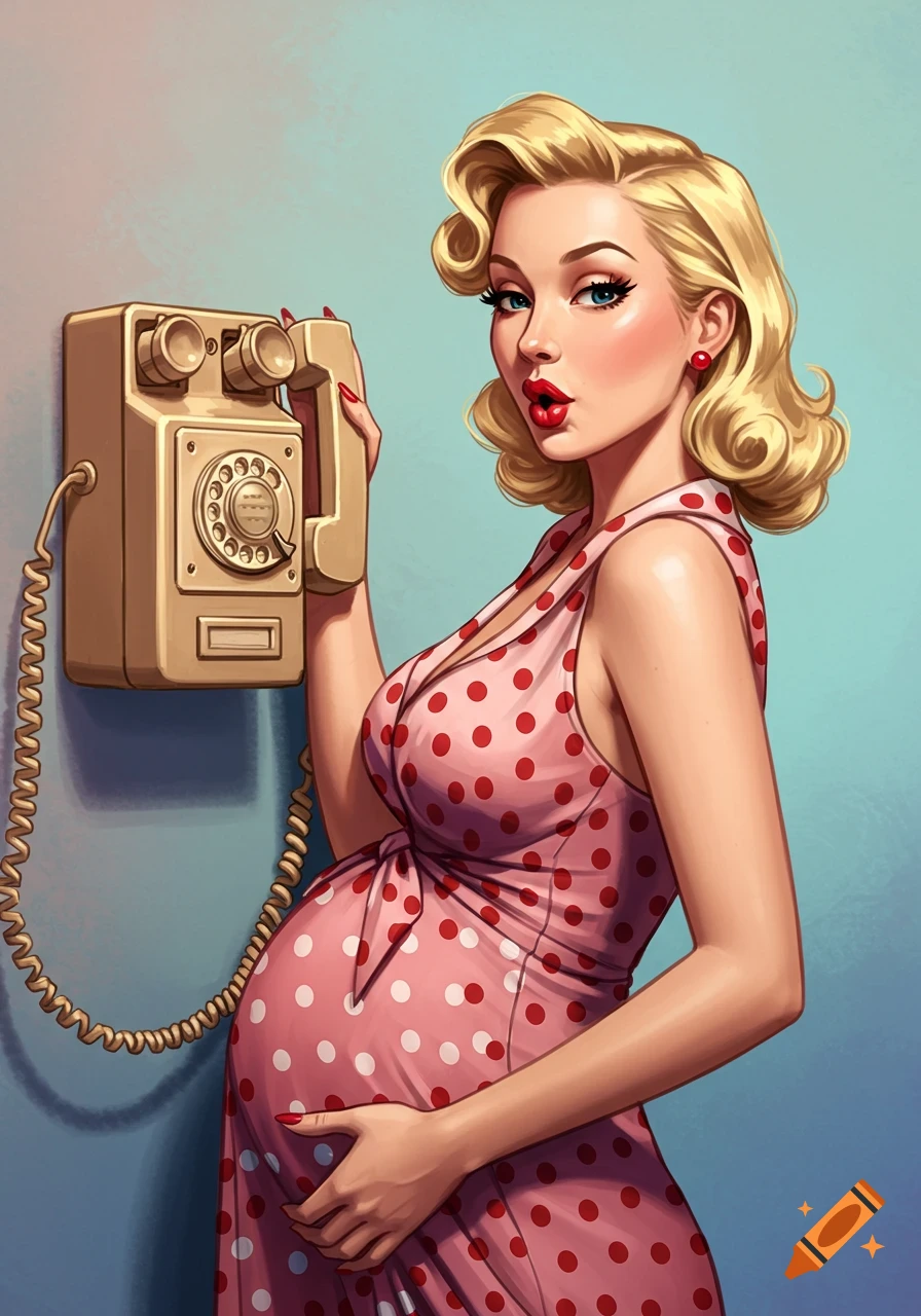 A blonde pregnant woman in a red polka dot dress talks on a retro wall phone in pin-up illustration style.