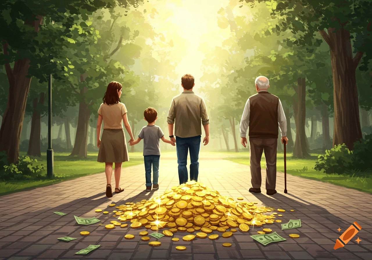 An illustrated family walks away from a pile of gold coins and money on a park path, bathed in sunlight.