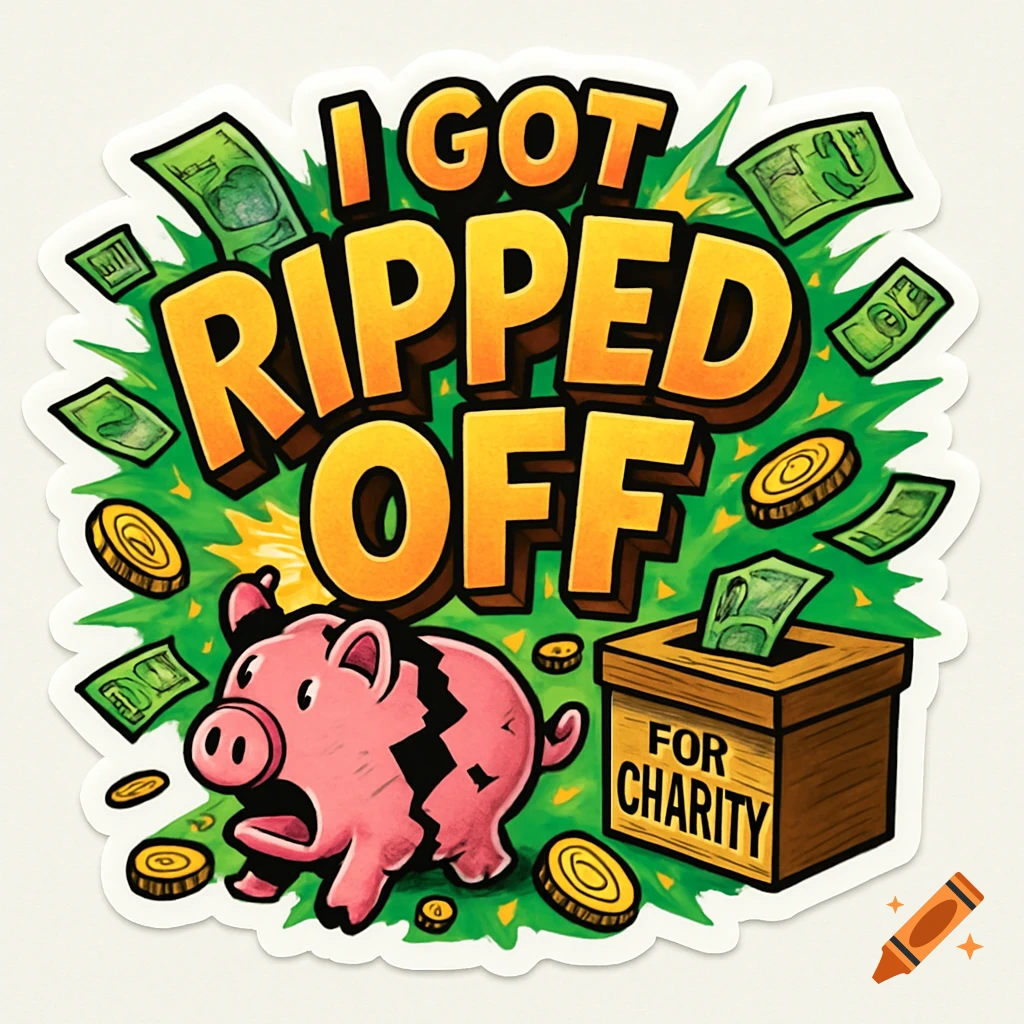Cartoon sticker with 'I GOT RIPPED OFF' text, a broken piggy bank, flying money notes and coins, and a 'FOR CHARITY' donation box.