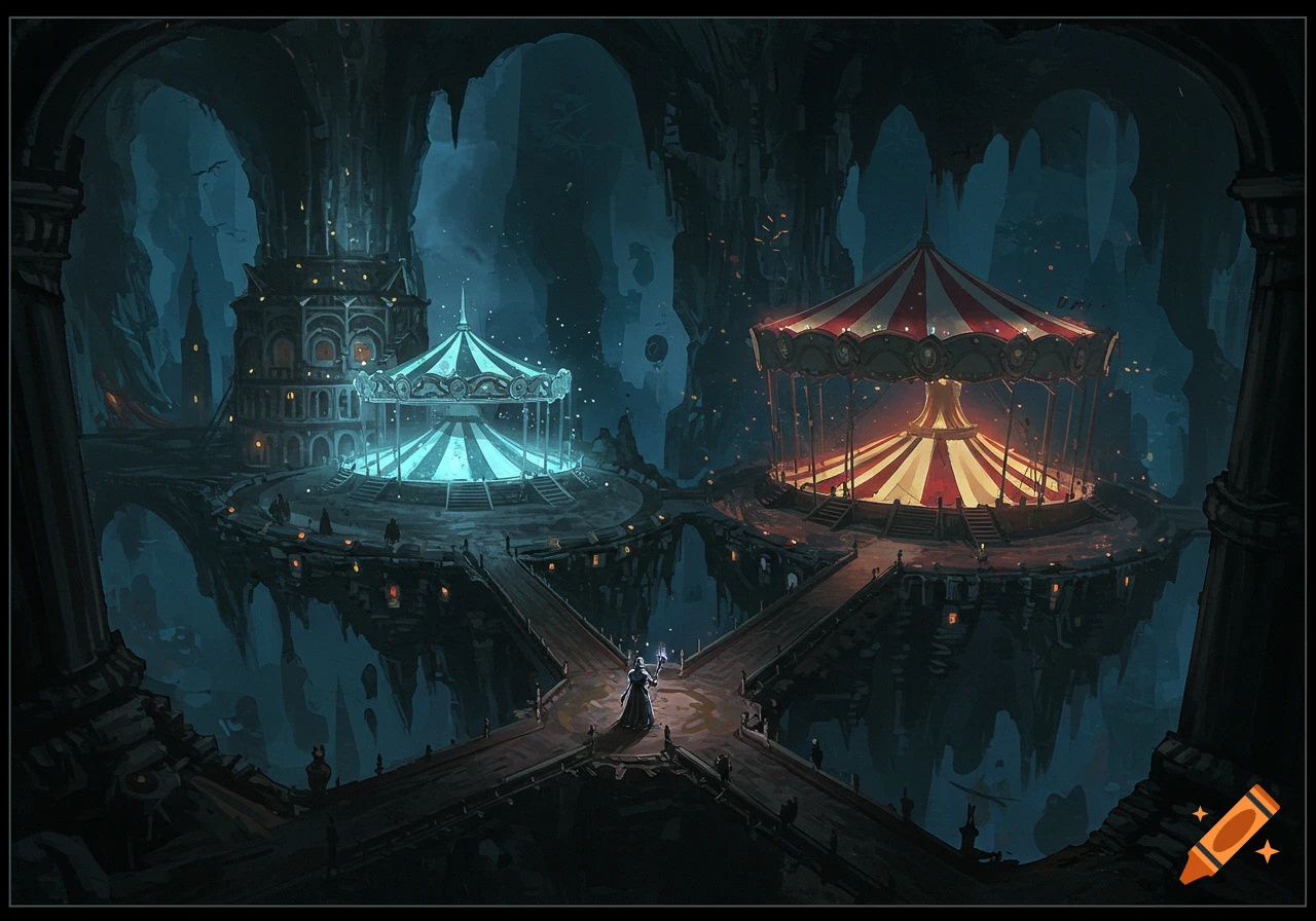 Dark fantasy art of a vast underground cavern with two glowing carousels, one blue and one red, connected by bridges.