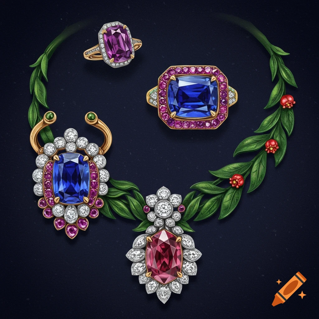 A luxurious jewelry set with colorful sapphire and ruby gemstones, diamonds, gold settings, and green botanical elements.