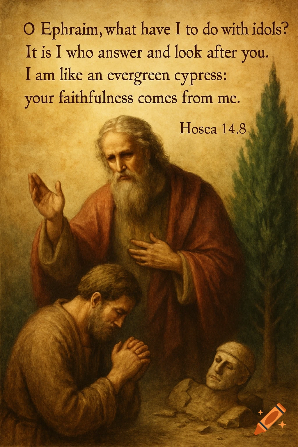 An old man with a beard and robe gestures, standing over a kneeling man and a broken idol head, with a cypress tree and biblical text above.