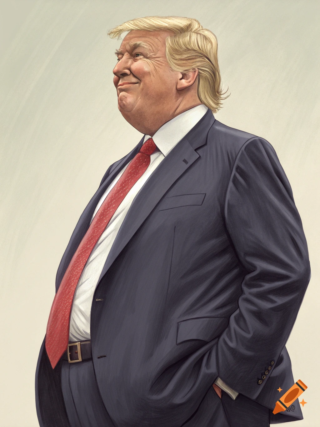 Caricature illustration of Donald Trump standing and smiling with hands in his pockets.