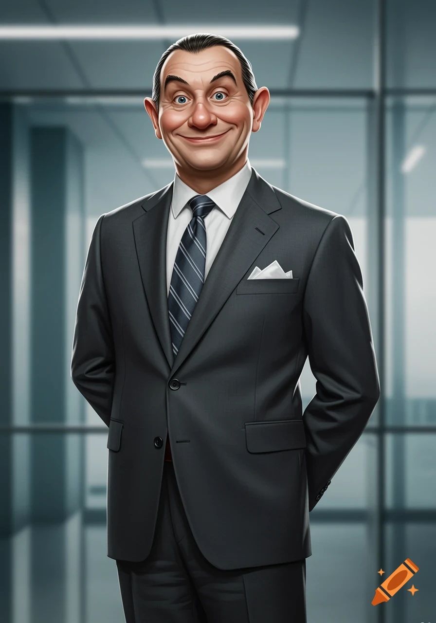 Stylized caricature of a man in a dark business suit smiling broadly in an office setting.