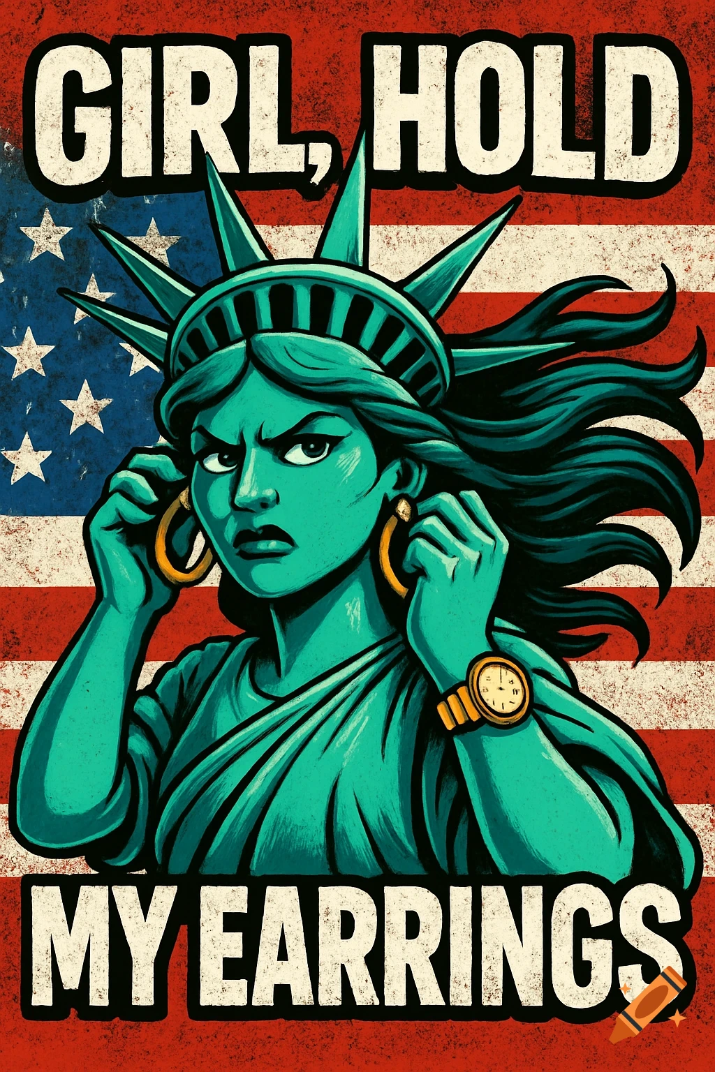 Fierce, pop art cartoon Statue of Liberty taking off gold hoop earrings, with a gold watch and a distressed American flag background. Text reads 'GIRL, HOLD MY EARRINGS'.