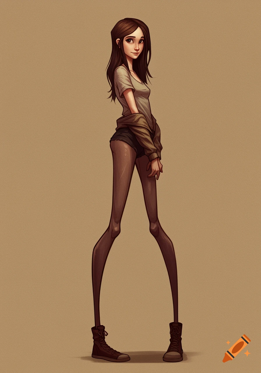 Stylized illustration of a woman with long brown hair, wearing a t-shirt, shorts, and a jacket, standing with very long legs.