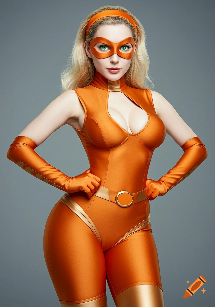A blonde woman in an orange superhero costume with a mask, headband, and green eyes stands with hands on hips.