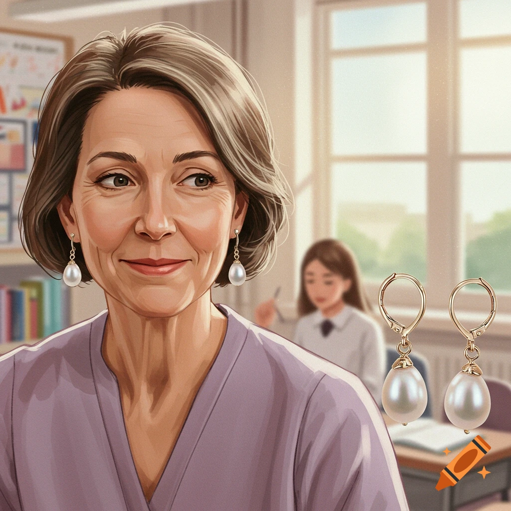 An illustrated portrait of a smiling woman with pearl earrings in a classroom setting, with two more pearl earrings floating nearby.