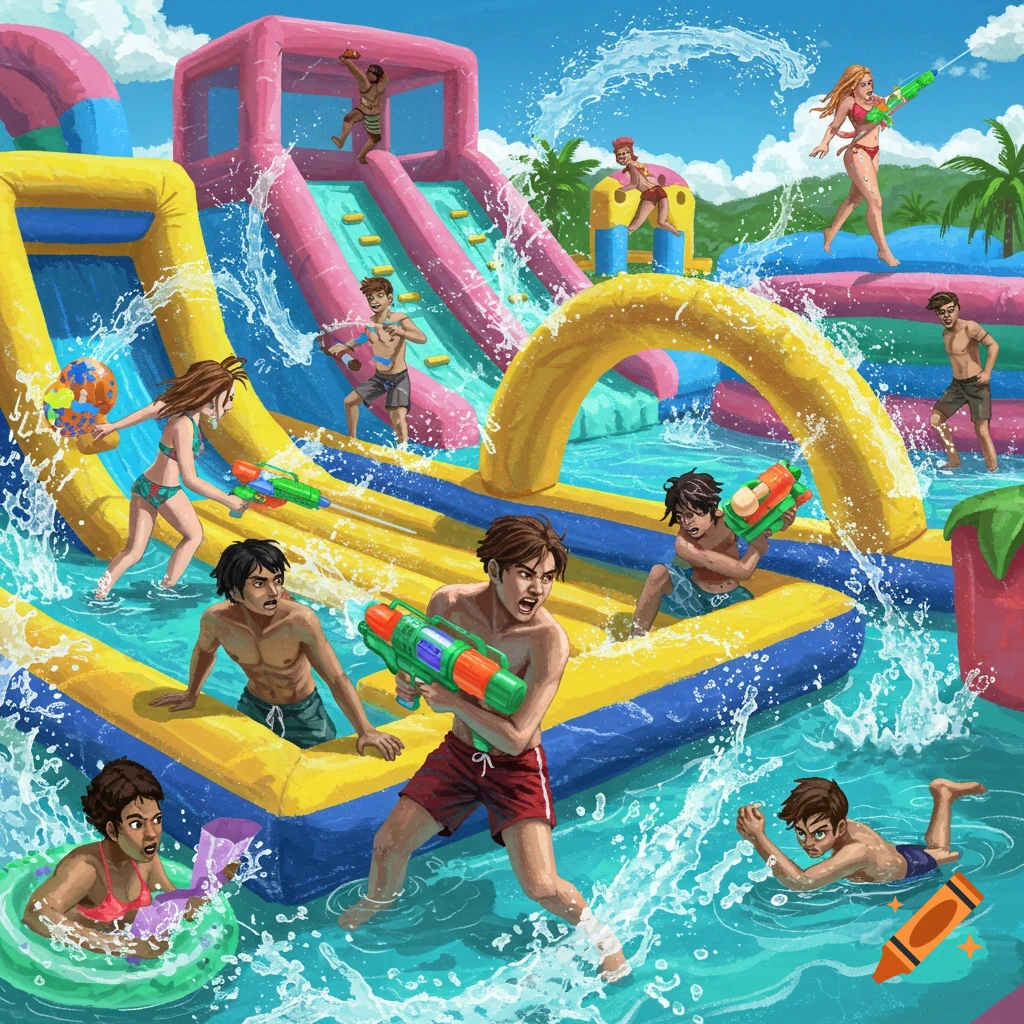 A group of people have a squirt gun fight at a colorful inflatable water park under a blue sky.