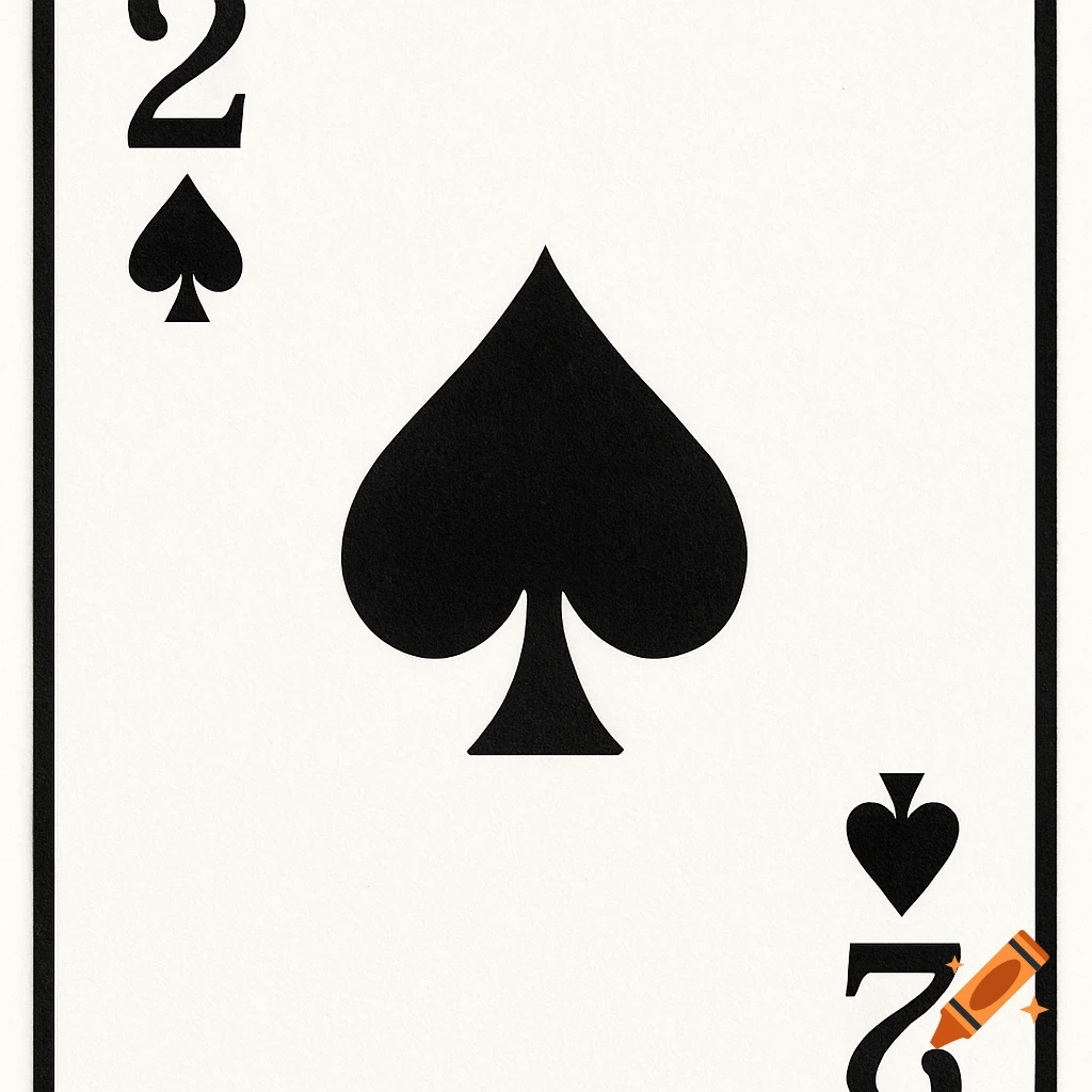 A close-up of a white playing card with black borders, featuring a large black spade symbol in the center and smaller black number 2s and spade symbols in the top-left and bottom-right corners.