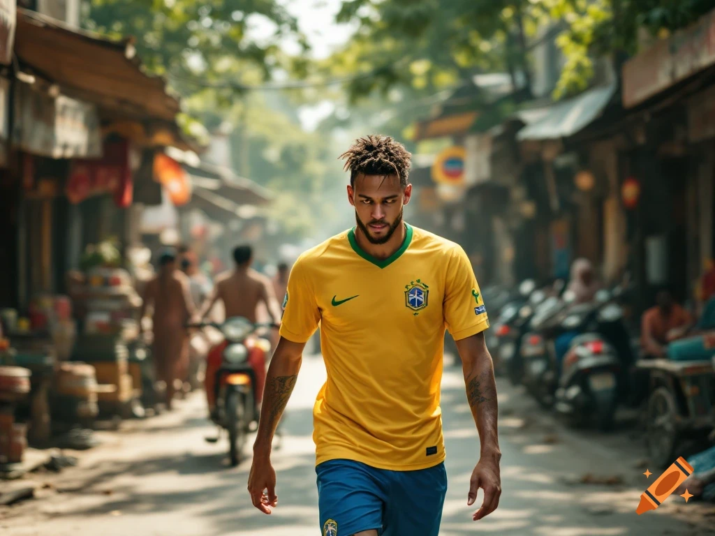 A man in a Brazil football jersey walks confidently down a bustling street lined with shops, in a realistic, sunny style.