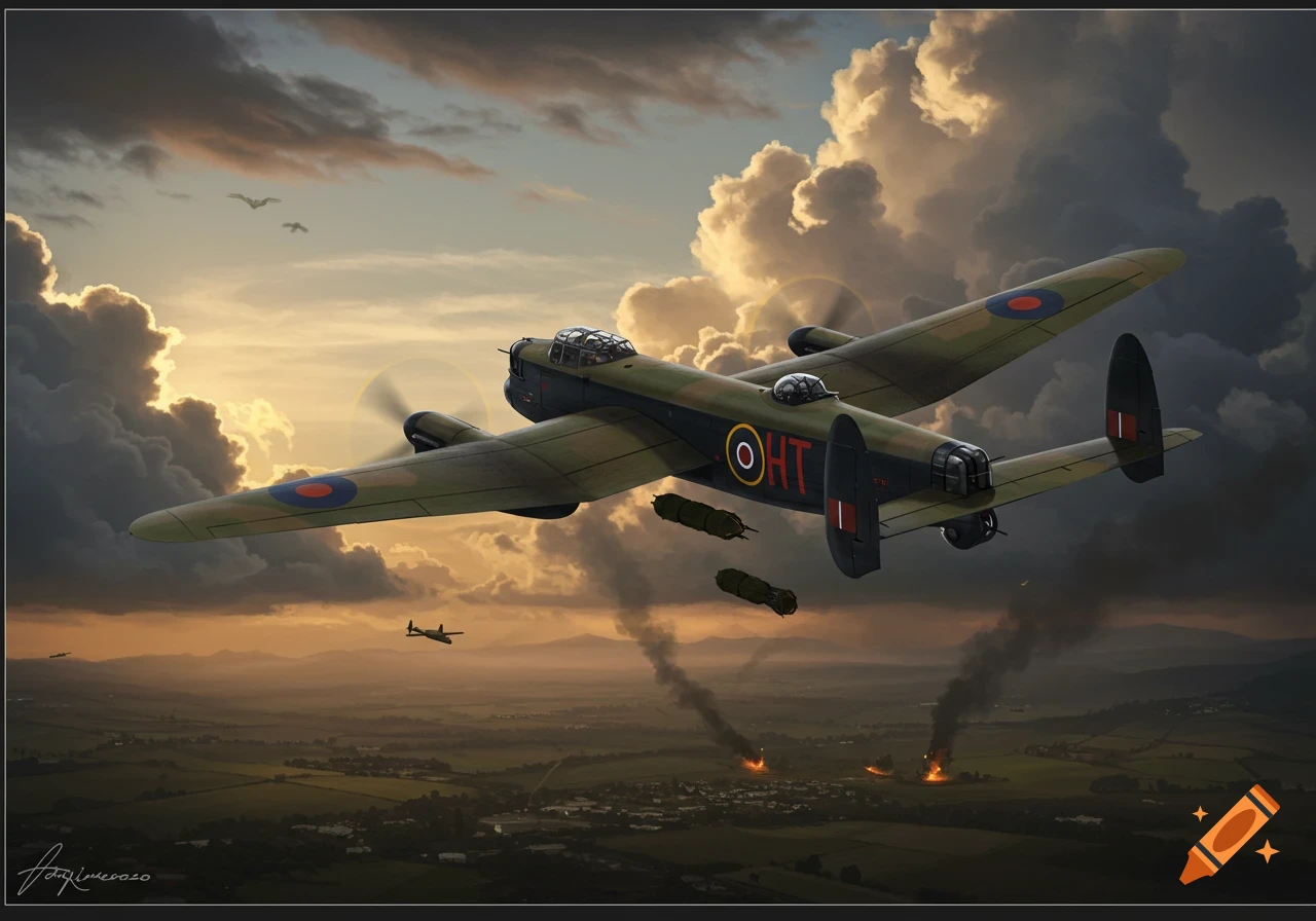 A British Lancaster bomber flies over a landscape at sunset, dropping bombs that cause explosions on the ground. Other aircraft are visible in the distance.
