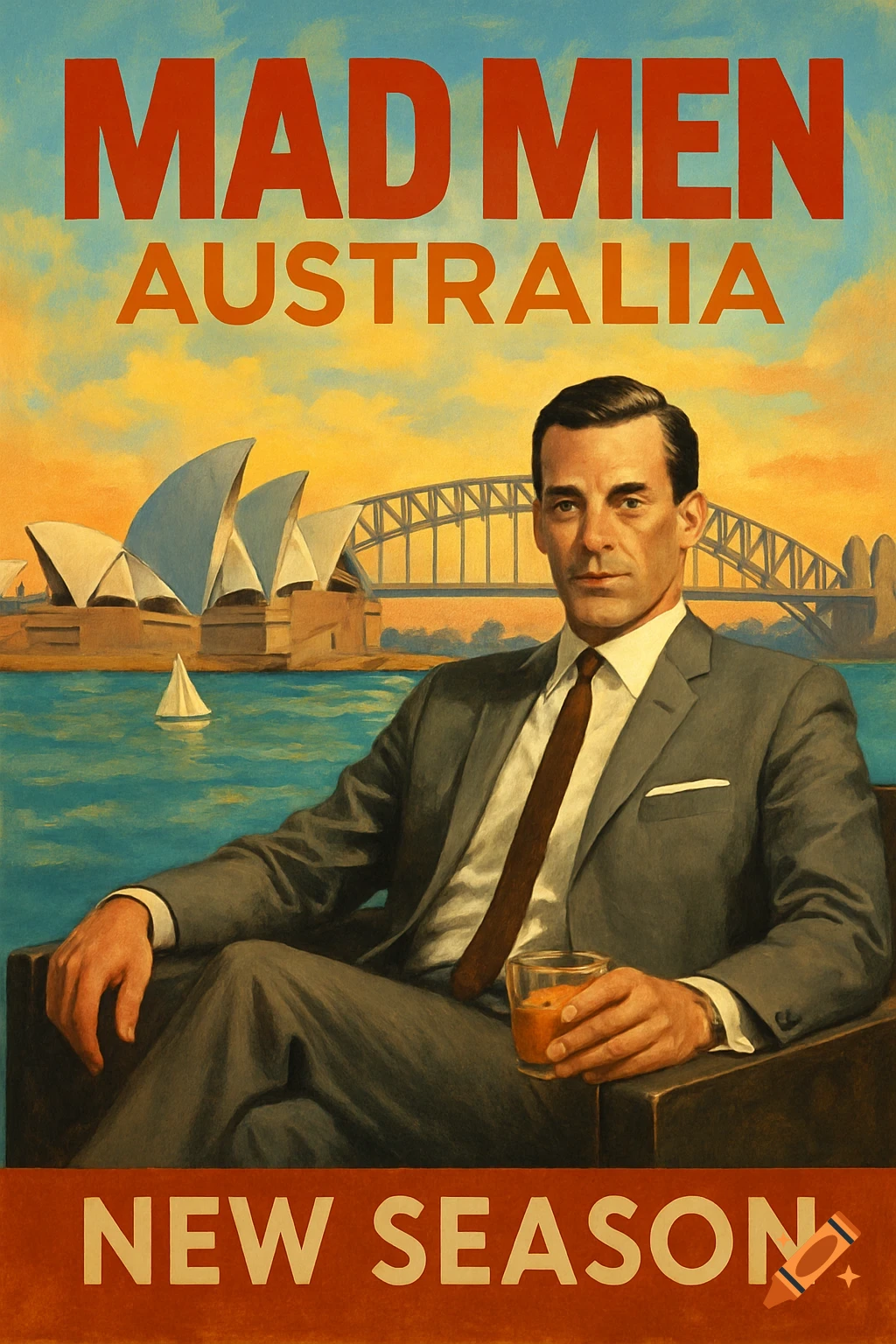 A retro-style poster of Don Draper sitting in front of the Sydney Opera House and Harbour Bridge, with text 'MAD MEN AUSTRALIA NEW SEASON'.